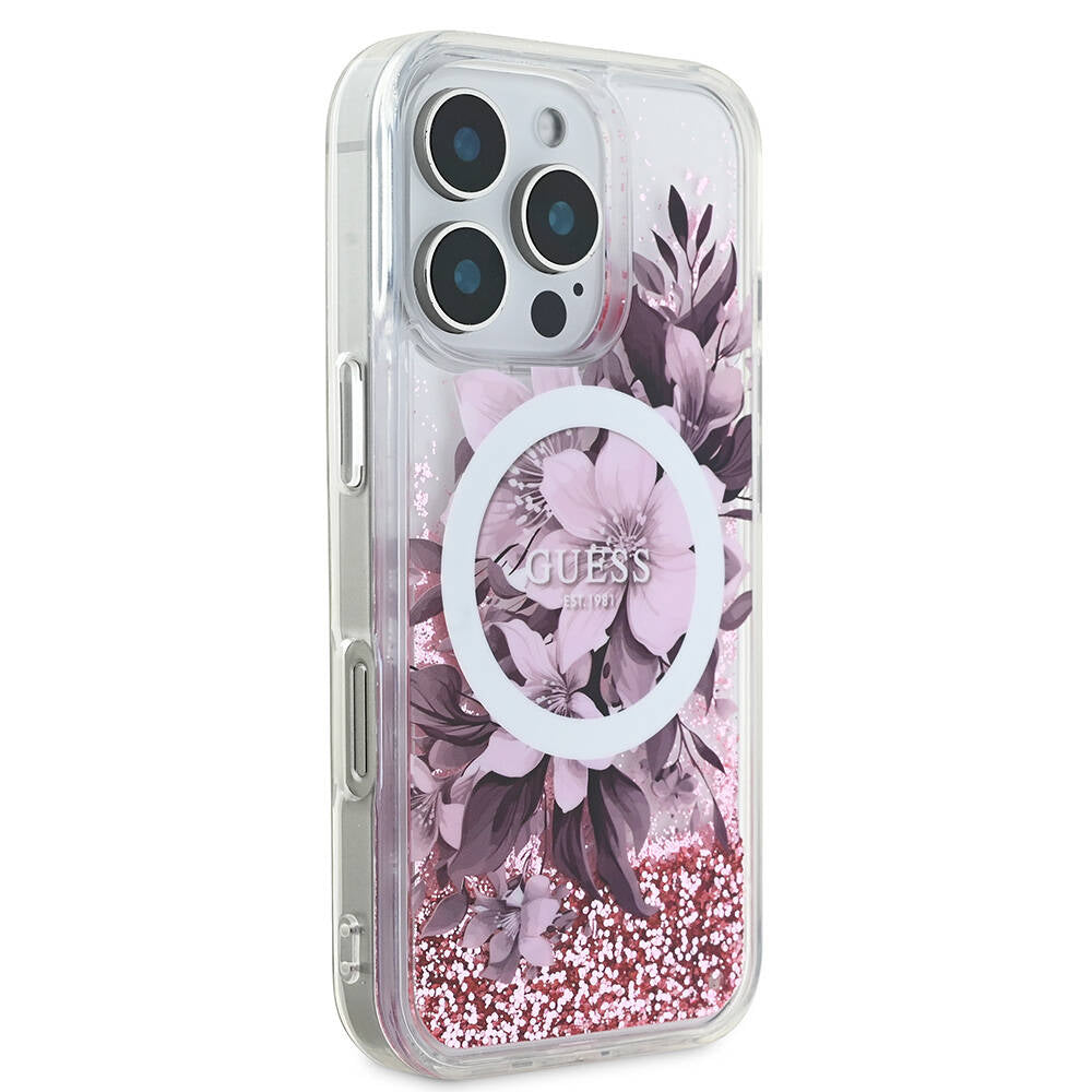 Apple iPhone 16 Pro Max Kılıf Guess Orjinal Lisanslı M-safe Şarj Özellikli Sıvılı Simli Çiçek Desenli Kapak Yeşil