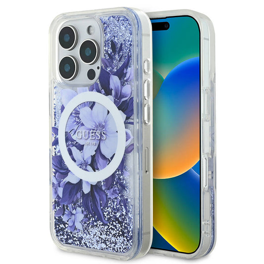Apple iPhone 16 Pro Max Kılıf Guess Orjinal Lisanslı M-safe Şarj Özellikli Sıvılı Simli Çiçek Desenli Kapak Mor