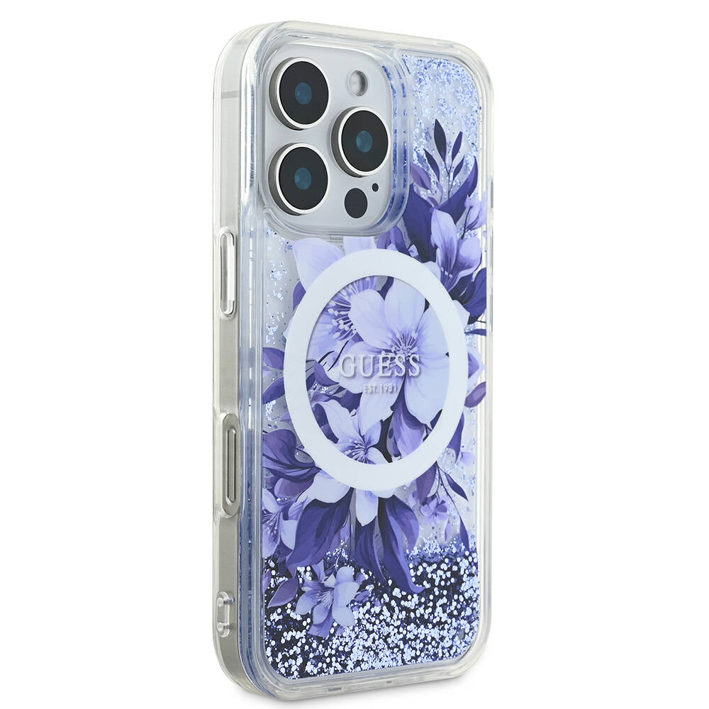 Apple iPhone 16 Pro Max Kılıf Guess Orjinal Lisanslı M-safe Şarj Özellikli Sıvılı Simli Çiçek Desenli Kapak Pembe