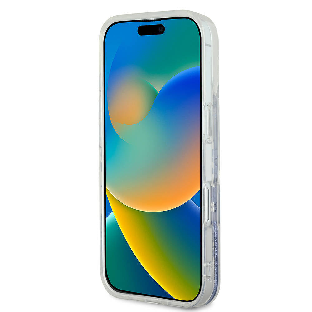 Apple iPhone 16 Pro Max Kılıf Guess Orjinal Lisanslı M-safe Şarj Özellikli Sıvılı Simli Çiçek Desenli Kapak Mor