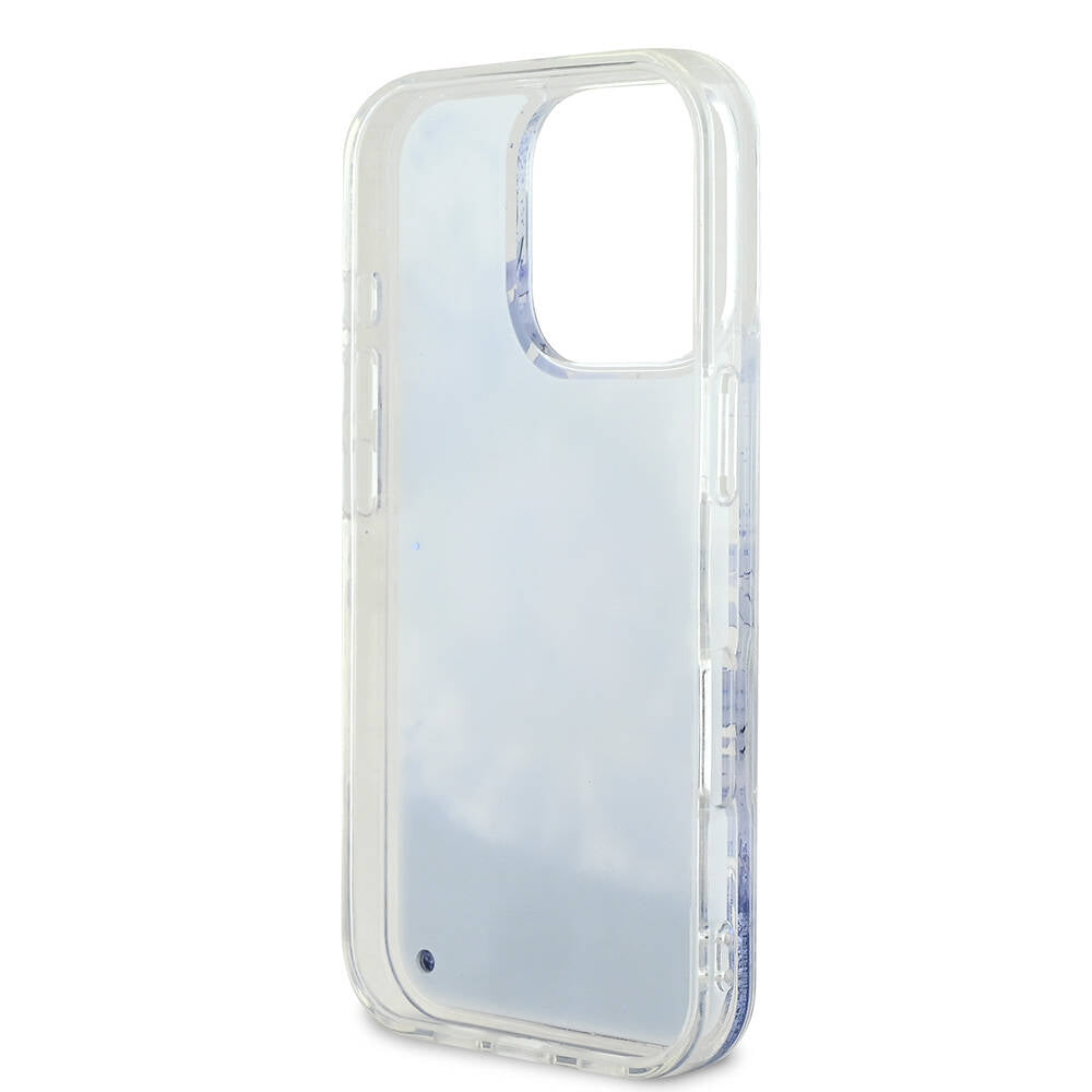 Apple iPhone 16 Pro Max Kılıf Guess Orjinal Lisanslı M-safe Şarj Özellikli Sıvılı Simli Çiçek Desenli Kapak Mor