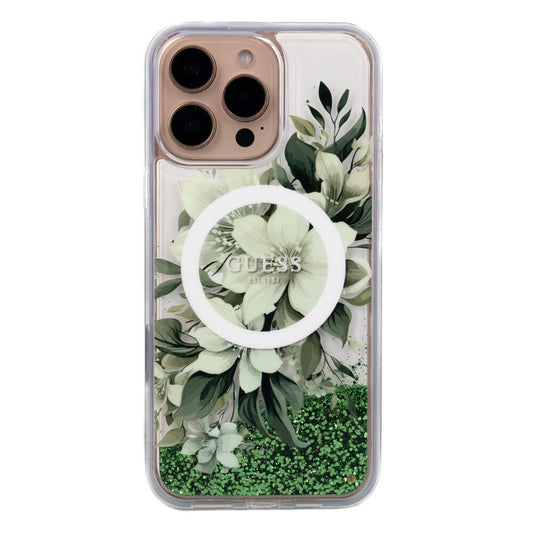 Apple iPhone 16 Pro Max Kılıf Guess Orjinal Lisanslı M-safe Şarj Özellikli Sıvılı Simli Çiçek Desenli Kapak Yeşil