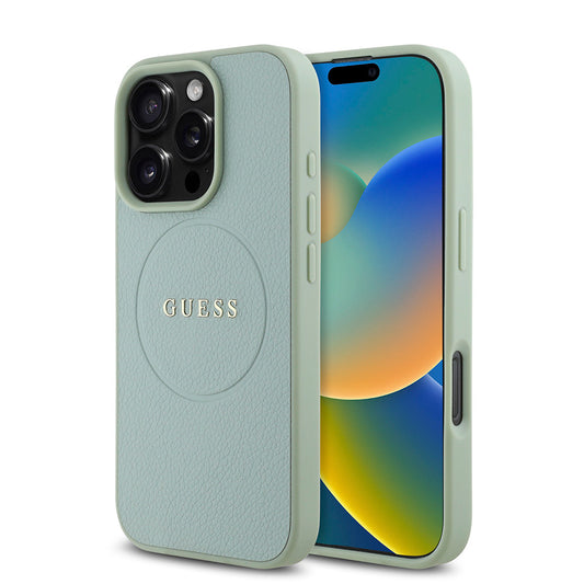 Apple iPhone 16 Pro Max Kılıf Guess Orjinal Lisanslı M-safe Şarj Özellikli Yazı Logolu Grained Kapak Yeşil