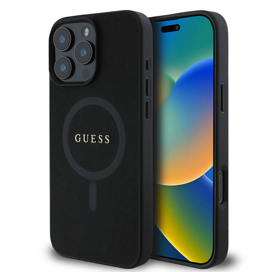 Apple iPhone 16 Pro Max Kılıf Guess Orjinal Lisanslı M-safe Şarj Özellikli Yazı Logolu Saffiano Classic Kapak Siyah