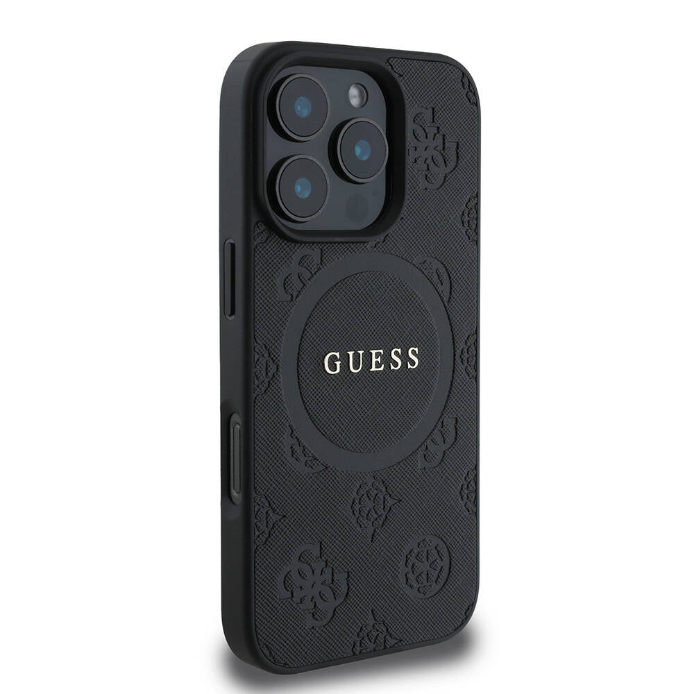Apple iPhone 16 Pro Max Kılıf Guess Orjinal Lisanslı M-safe Şarj Özellikli Yazı Logolu Saffiano Peony Kapak Siyah