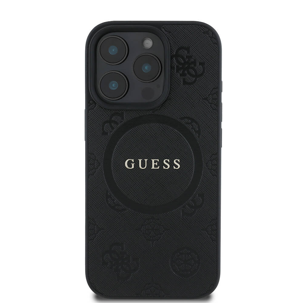Apple iPhone 16 Pro Max Kılıf Guess Orjinal Lisanslı M-safe Şarj Özellikli Yazı Logolu Saffiano Peony Kapak Siyah