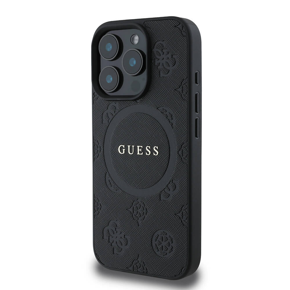 Apple iPhone 16 Pro Max Kılıf Guess Orjinal Lisanslı M-safe Şarj Özellikli Yazı Logolu Saffiano Peony Kapak Siyah