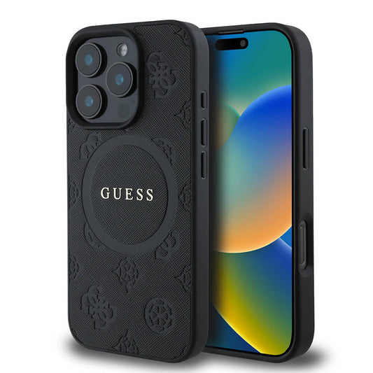 Apple iPhone 16 Pro Max Kılıf Guess Orjinal Lisanslı M-safe Şarj Özellikli Yazı Logolu Saffiano Peony Kapak Siyah