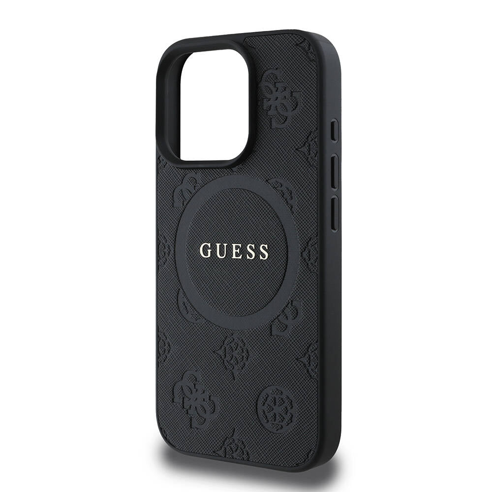 Apple iPhone 16 Pro Max Kılıf Guess Orjinal Lisanslı M-safe Şarj Özellikli Yazı Logolu Saffiano Peony Kapak Siyah