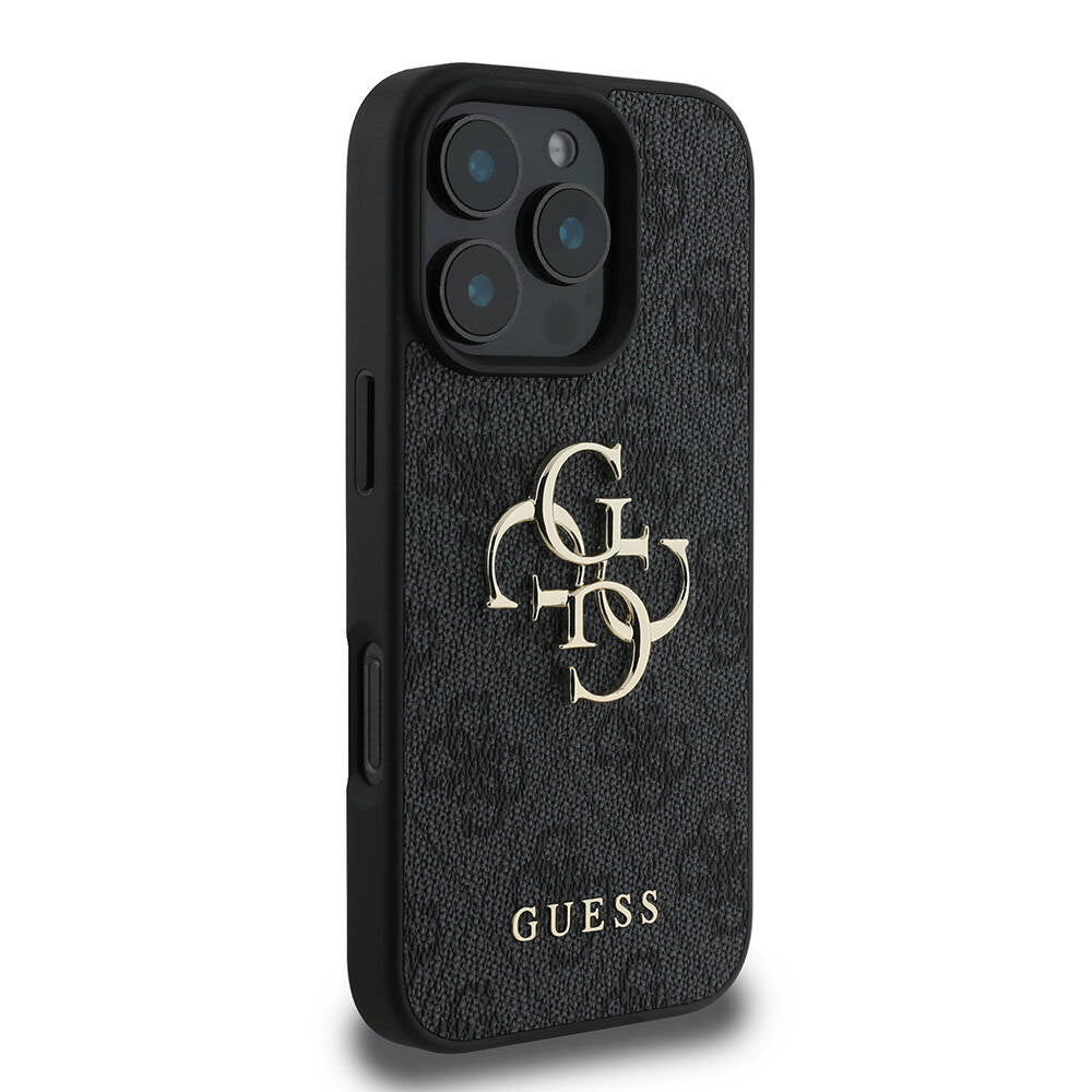 Apple iPhone 16 Pro Max Kılıf Guess Orjinal Lisanslı PU Deri 4G Desenli Metal Büyük 4G ve Yazı Logolu Kapak Kahverengi
