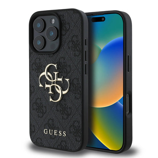 Apple iPhone 16 Pro Max Kılıf Guess Orjinal Lisanslı PU Deri 4G Desenli Metal Büyük 4G ve Yazı Logolu Kapak Siyah