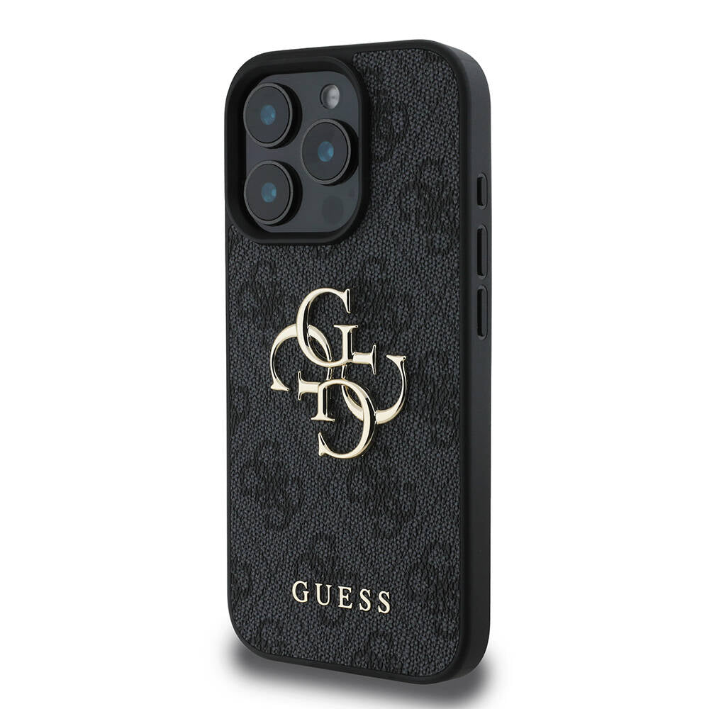 Apple iPhone 16 Pro Max Kılıf Guess Orjinal Lisanslı PU Deri 4G Desenli Metal Büyük 4G ve Yazı Logolu Kapak Kahverengi
