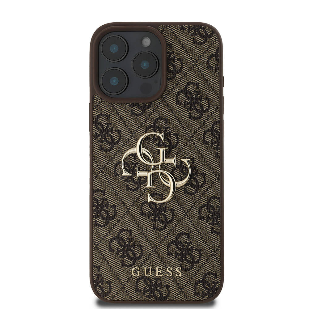 Apple iPhone 16 Pro Max Kılıf Guess Orjinal Lisanslı PU Deri 4G Desenli Metal Büyük 4G ve Yazı Logolu Kapak Kahverengi
