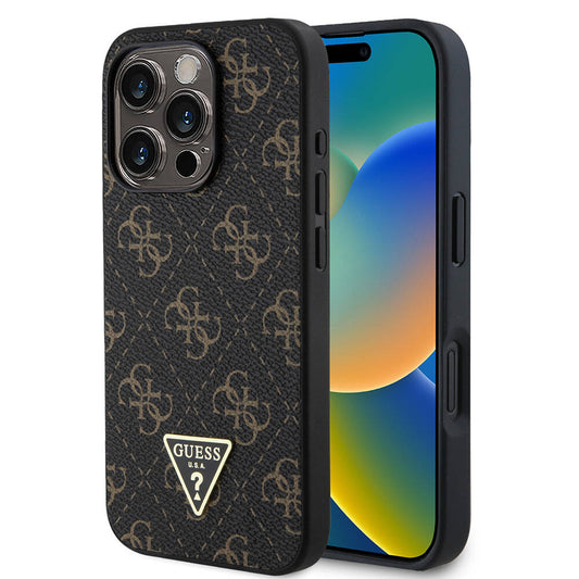 Apple iPhone 16 Pro Max Kılıf Guess Orjinal Lisanslı PU Deri 4G Desenli Üçgen Logolu Kapak Siyah