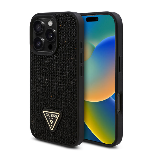 Apple iPhone 16 Pro Max Kılıf Guess Orjinal Lisanslı Taşlı Arka Yüzey Üçgen Logolu Kapak Gold