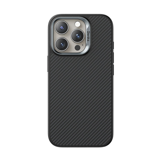 Apple iPhone 16 Pro Max Kılıf Karbon Fiber M-safe Şarj Özellikli Kamera Kontrol Butonlu Benks Hybrid ArmorPro 600D Kevlar Kapak Siyah