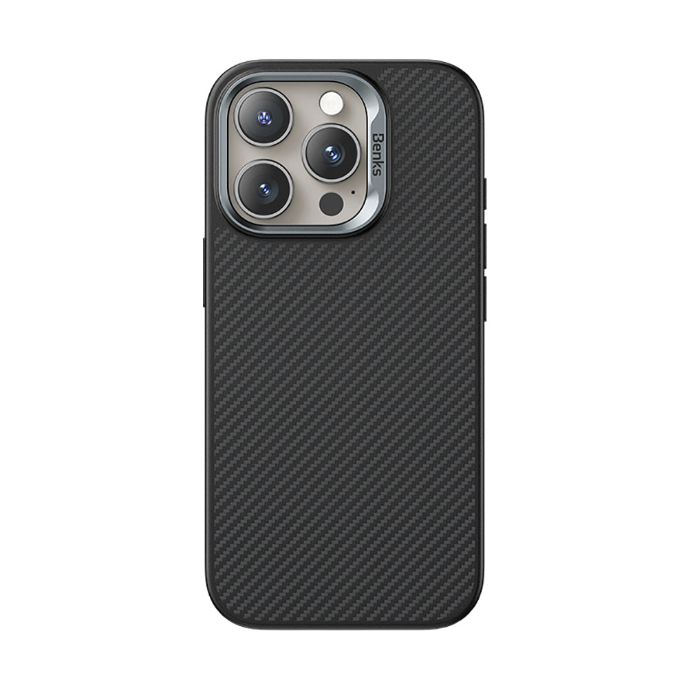 Apple iPhone 16 Pro Max Kılıf Karbon Fiber M-safe Şarj Özellikli Kamera Kontrol Butonlu Benks Hybrid ArmorPro 600D Kevlar Kapak Siyah