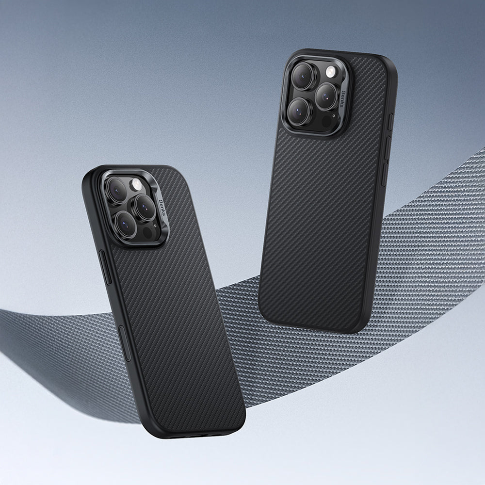 Apple iPhone 16 Pro Max Kılıf Karbon Fiber M-safe Şarj Özellikli Kamera Kontrol Butonlu Benks Hybrid ArmorPro 600D Kevlar Kapak Siyah