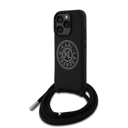 Apple iPhone 16 Pro Max Kılıf Karl Lagerfeld Orjinal Lisanslı Askı İpli Taşlı KL Yazılı Crossbody Cord Kapak