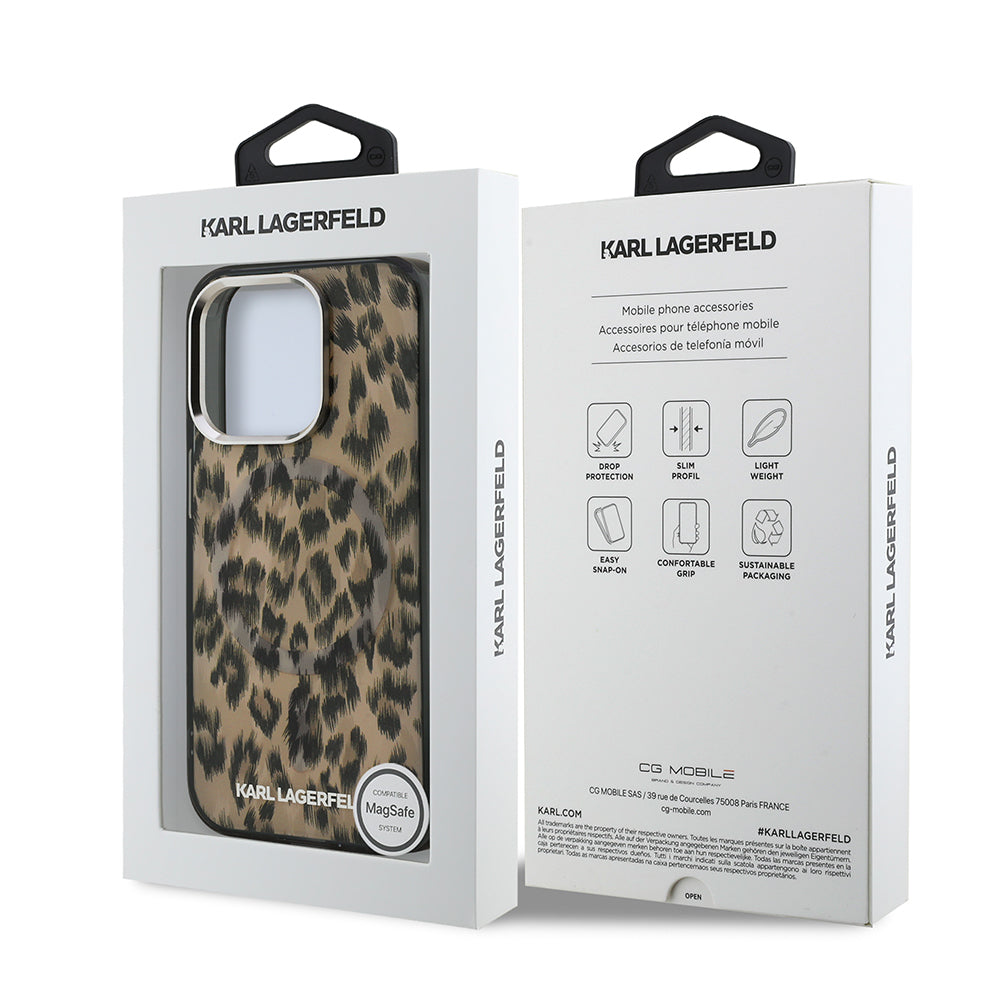 Apple iPhone 16 Pro Max Kılıf Karl Lagerfeld Orjinal Lisanslı IML Leopar Baskılı Kapak Kahverengi
