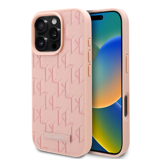Apple iPhone 16 Pro Max Kılıf Karl Lagerfeld Orjinal Lisanslı M-safe Şarj Özellikli KL Yazılı Hot Stamp Kapak Pembe