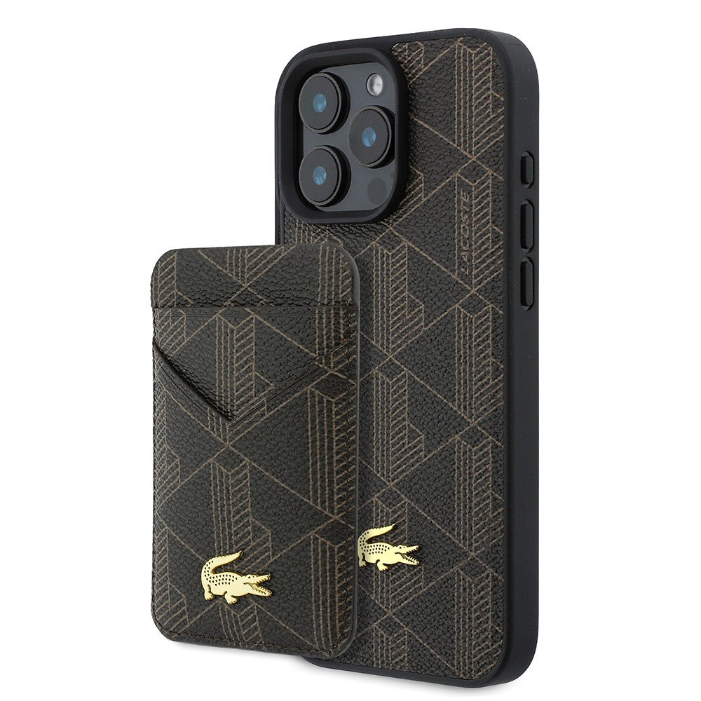 Apple iPhone 16 Pro Max Kılıf Lacoste Orjinal Lisanslı M-safe Şarj Özellikli PU Deri Tasarımlı Kartlıklı Karışık Monogram Desenli Kapak