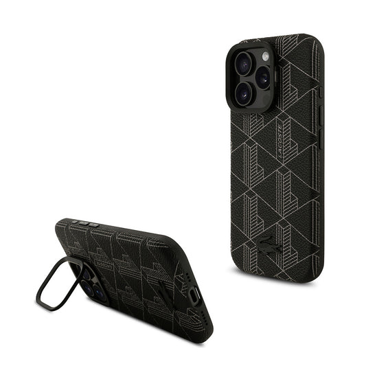 Apple iPhone 16 Pro Max Kılıf Lacoste Orjinal Lisanslı M-safe Şarj Özellikli Standlı PU Deri Karışık Monogram Desenli Kapak
