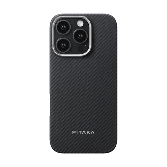Apple iPhone 16 Pro Max Kılıf M-safe Şarj Özellikli 600D Aramid Fiber Pitaka Ultra-Slim Classic Serisi Black-Grey Twill Kapak