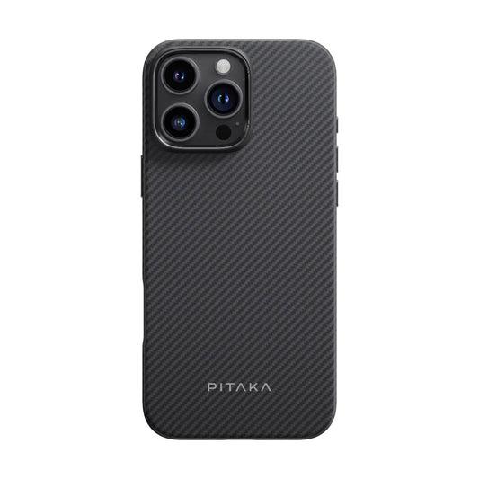 Apple iPhone 16 Pro Max Kılıf M-safe Şarj Özellikli Aramid Fiber Pitaka Military-Grade Classic Serisi Black-Grey Twill Kapak
