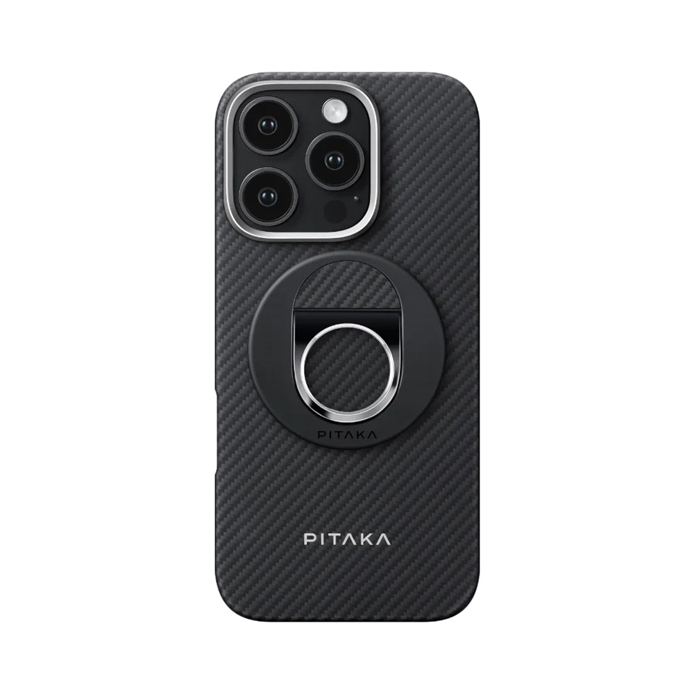 Apple iPhone 16 Pro Max Kılıf M-safe Şarj Özellikli Grip 3 Standlı Aramid Fiber Pitaka Military Grade Classic Serisi Black-Grey Twill Kapak