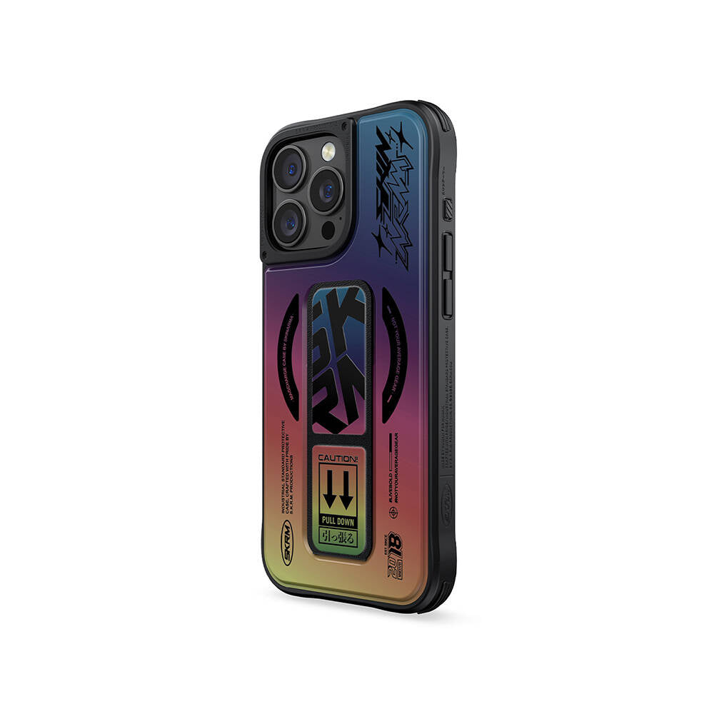 Apple iPhone 16 Pro Max Kılıf M-safe Şarj Özellikli Holografik Tasarımlı Standlı Deri Görünümlü Skinarma Kira Kobai Kapak Gümüş