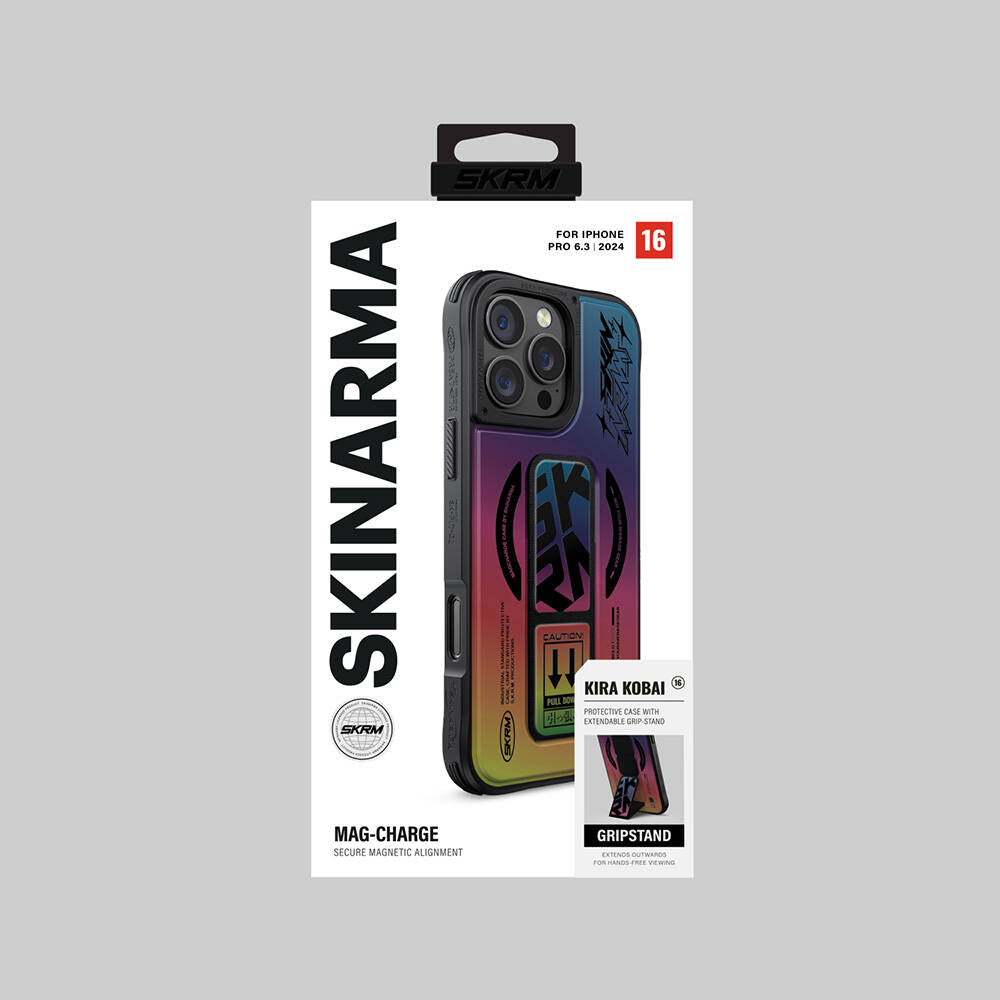 Apple iPhone 16 Pro Max Kılıf M-safe Şarj Özellikli Holografik Tasarımlı Standlı Deri Görünümlü Skinarma Kira Kobai Kapak Gümüş