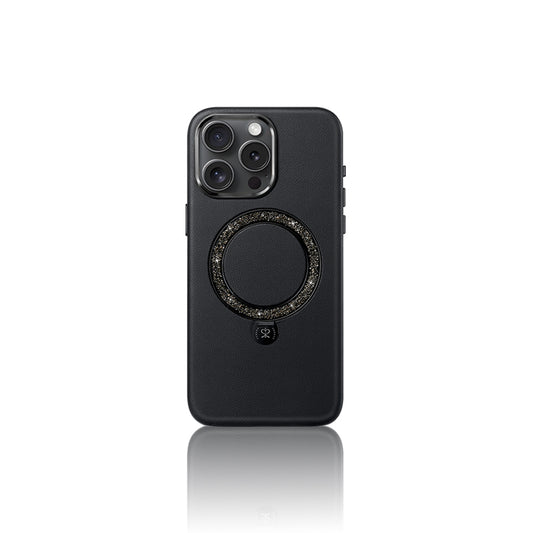 Apple iPhone 16 Pro Max Kılıf M-safe Şarj Özellikli Standlı Suni Deri Tasarımlı Pynana Dancing Circle Serisi Kapak Siyah