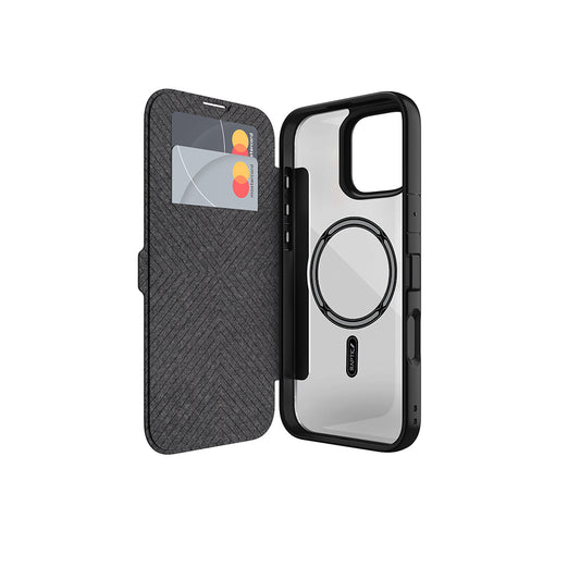 Apple iPhone 16 Pro Max Kılıf M-safe Şarj Özellikli Vegan Deri Tasarımlı Şeffaf Arka Yüzey Kartlıklı Raptic Urban Folio Serisi Kapak Siyah