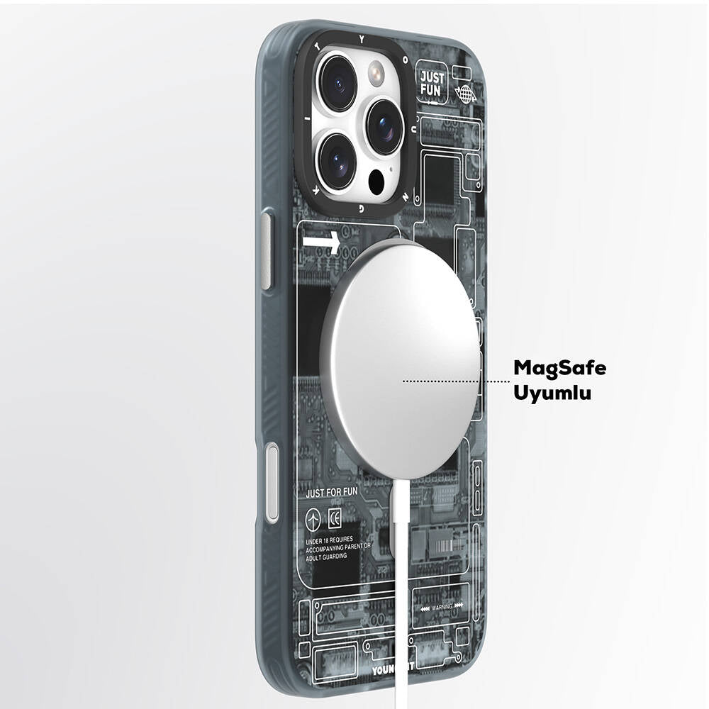 Apple iPhone 16 Pro Max Kılıf M-safe Şarj Özellikli Youngkit Technology Serisi Kapak Gri