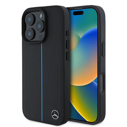 Apple iPhone 16 Pro Max Kılıf Mercedes Benz Orjinal Lisanslı M-safe Şarj Özellikli Metal Yıldız Logolu Mavi Çizgili Deri Kapak Siyah