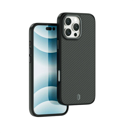 Apple iPhone 16 Pro Max Kılıf Wiwu DCC-205 M-safe Şarj Özellikli Aramid Fiber Tasarım Kevlar Kapak Siyah