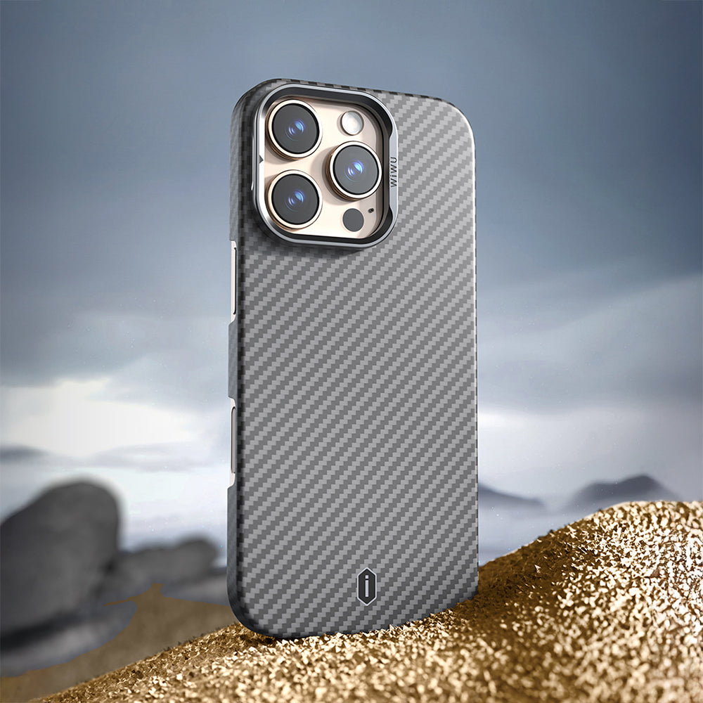 Apple iPhone 16 Pro Max Kılıf Wiwu DCC-206 M-safe Şarj Özellikli Kamera Standlı Aramid Fiber Tasarım Kevlar Kapak Siyah