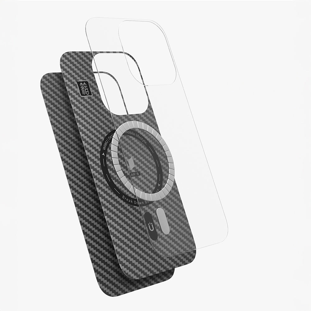 Apple iPhone 16 Pro Max Kılıf Wiwu DCC-206 M-safe Şarj Özellikli Kamera Standlı Aramid Fiber Tasarım Kevlar Kapak Siyah
