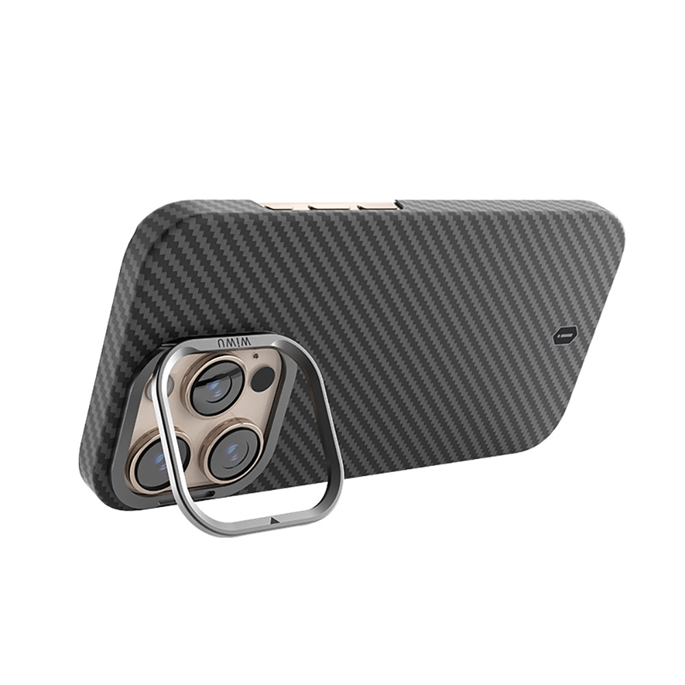 Apple iPhone 16 Pro Max Kılıf Wiwu DCC-206 M-safe Şarj Özellikli Kamera Standlı Aramid Fiber Tasarım Kevlar Kapak Siyah