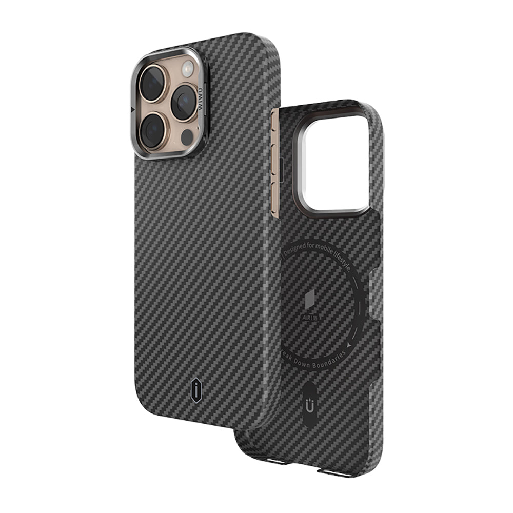 Apple iPhone 16 Pro Max Kılıf Wiwu DCC-206 M-safe Şarj Özellikli Kamera Standlı Aramid Fiber Tasarım Kevlar Kapak Siyah