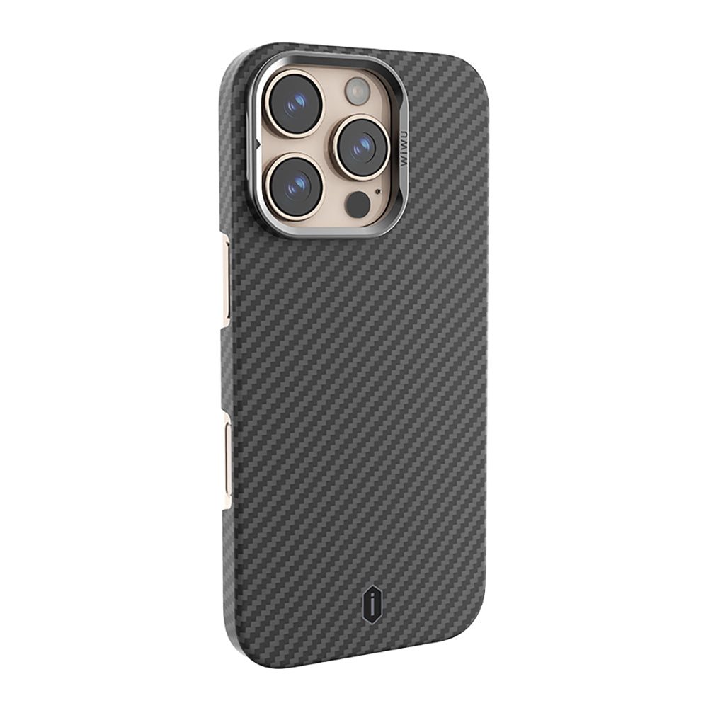 Apple iPhone 16 Pro Max Kılıf Wiwu DCC-206 M-safe Şarj Özellikli Kamera Standlı Aramid Fiber Tasarım Kevlar Kapak Siyah