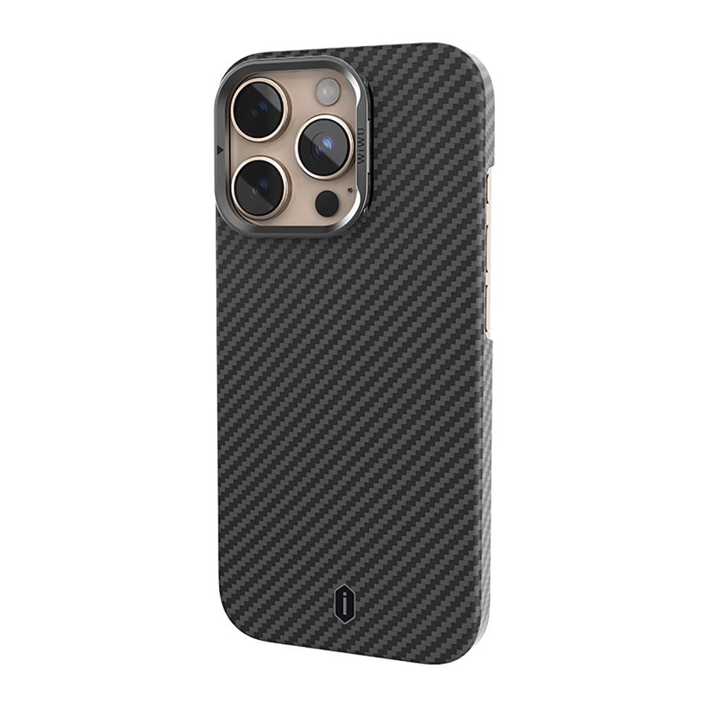 Apple iPhone 16 Pro Max Kılıf Wiwu DCC-206 M-safe Şarj Özellikli Kamera Standlı Aramid Fiber Tasarım Kevlar Kapak Siyah