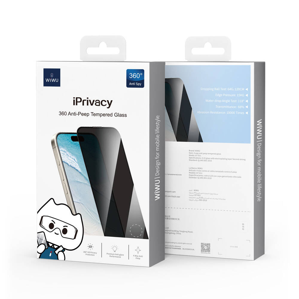 Apple iPhone 16 Pro Max Wiwu GT-011 Polimer Oleofobik Kaplama Temperli Privacy Cam Ekran Koruyucu Siyah