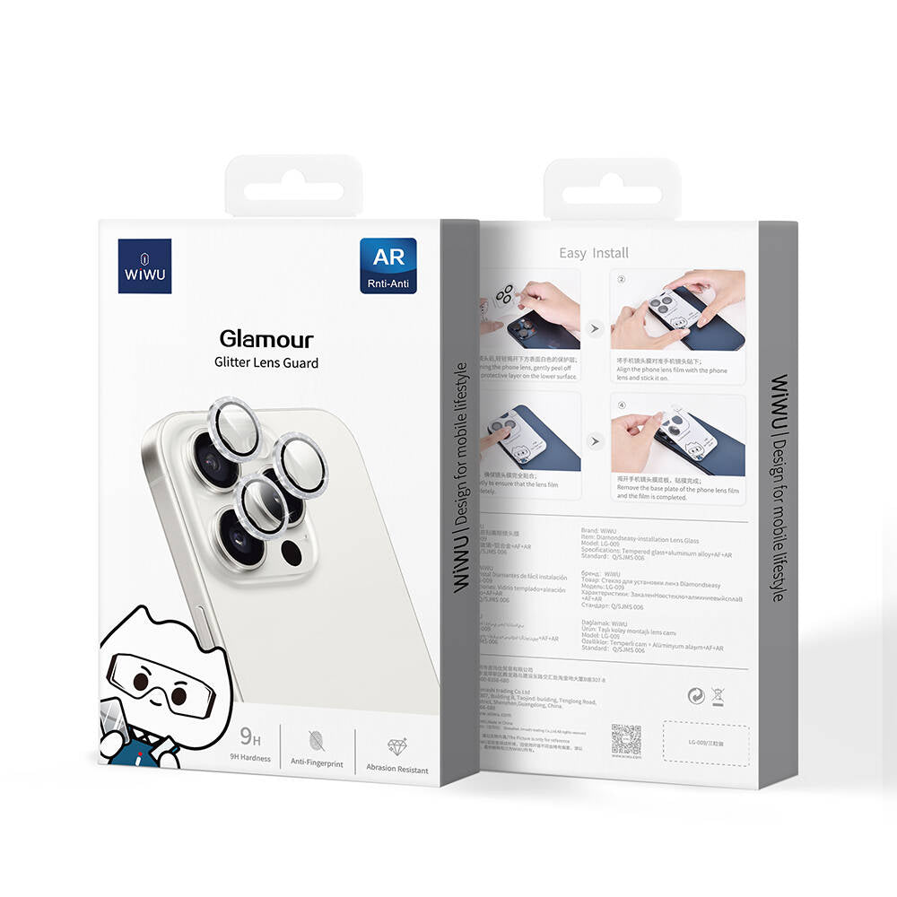 Apple iPhone 16 Pro Max Wiwu LG-006 Diamond Lens Guard Kolay Uygulama Aparatlı Kamera Lens Koruyucu Siyah