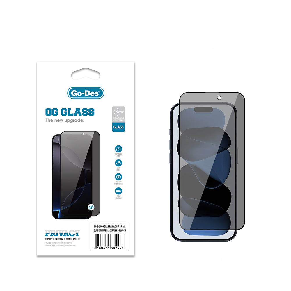 Apple iPhone 17 Air Go Des OG Glass Privacy Antistatik Temperli Cam Ekran Koruyucu Siyah