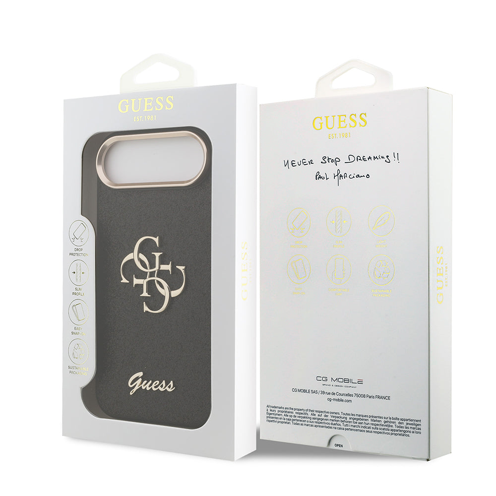 Apple iPhone 17 Air Kılıf Guess Orjinal Lisanslı 4G Büyük Metal Kamera Çerçeveli ve Logolu Glitter Kapak Gri