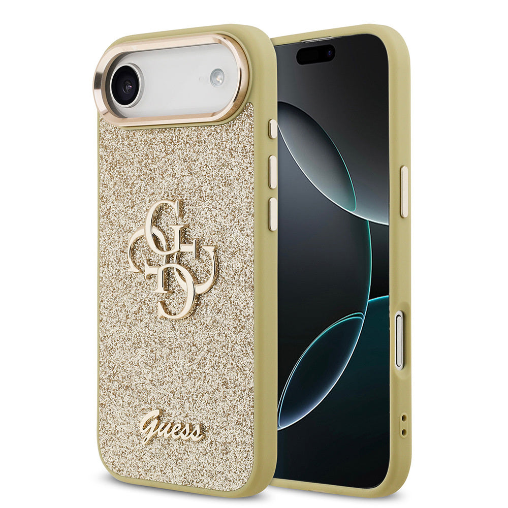 Apple iPhone 17 Air Kılıf Guess Orjinal Lisanslı 4G Büyük Metal Kamera Çerçeveli ve Logolu Glitter Kapak Gold