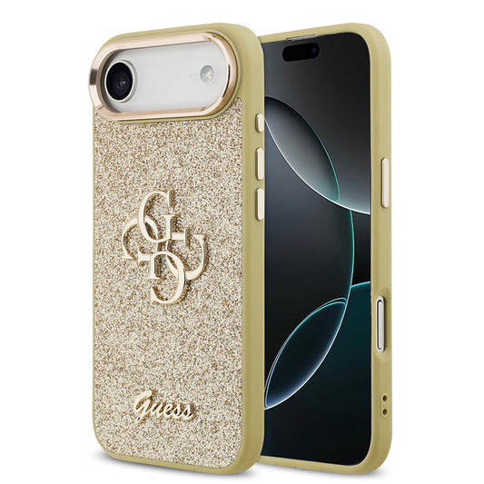 Apple iPhone 17 Air Kılıf Guess Orjinal Lisanslı 4G Büyük Metal Kamera Çerçeveli ve Logolu Glitter Kapak Gold