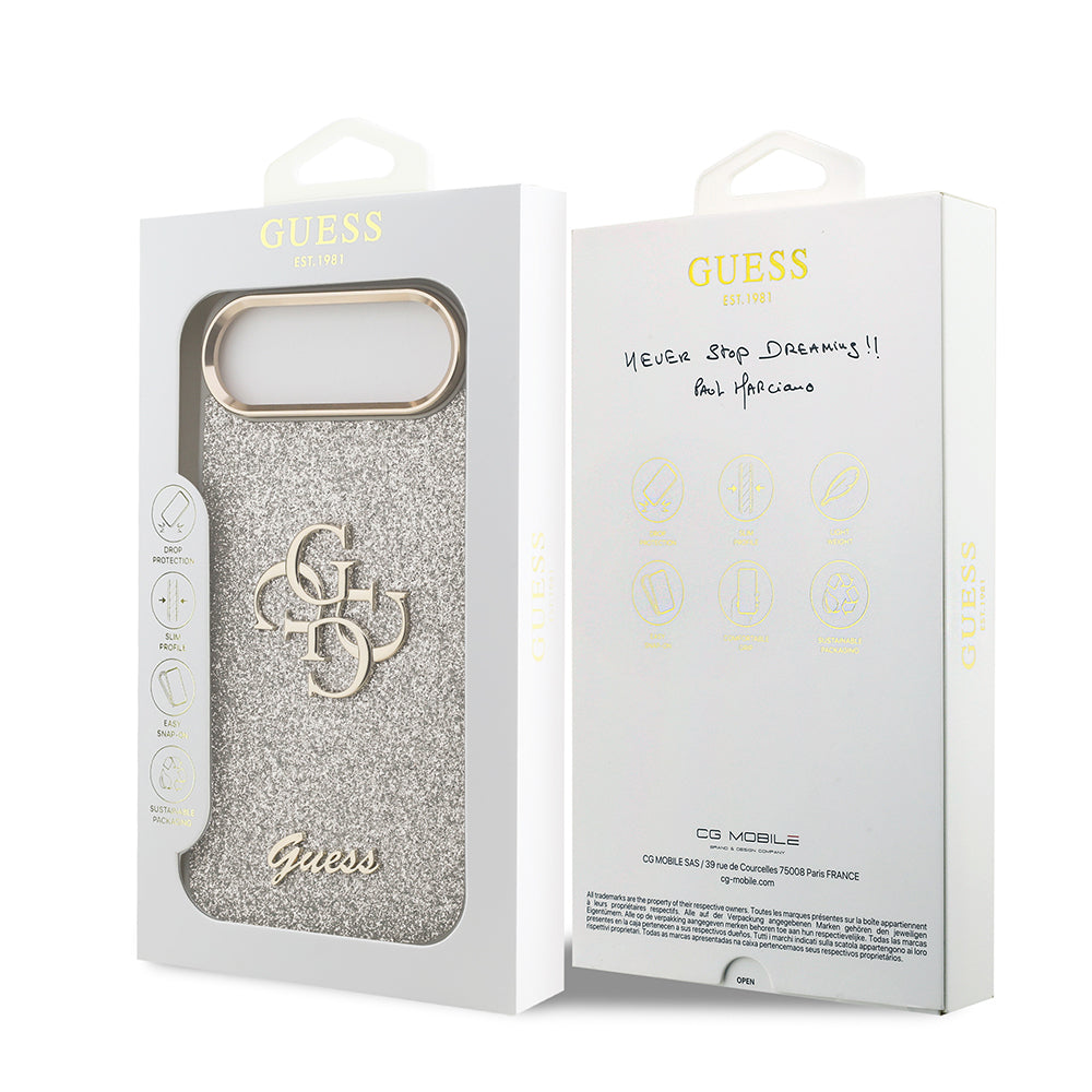 Apple iPhone 17 Air Kılıf Guess Orjinal Lisanslı 4G Büyük Metal Kamera Çerçeveli ve Logolu Glitter Kapak Gri